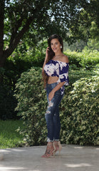 Beautiful Crop Top with Flare Sleeves - Navy