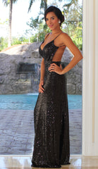 Sequin Open Back Maxi Dress - Black