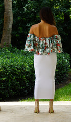 Off the Shoulder Crop Top - White/Tropical